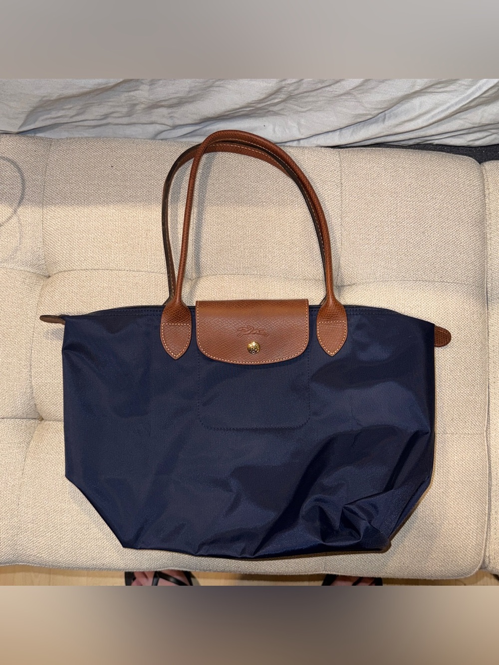 Longchamp Navy Tote with Brown Leather Trim